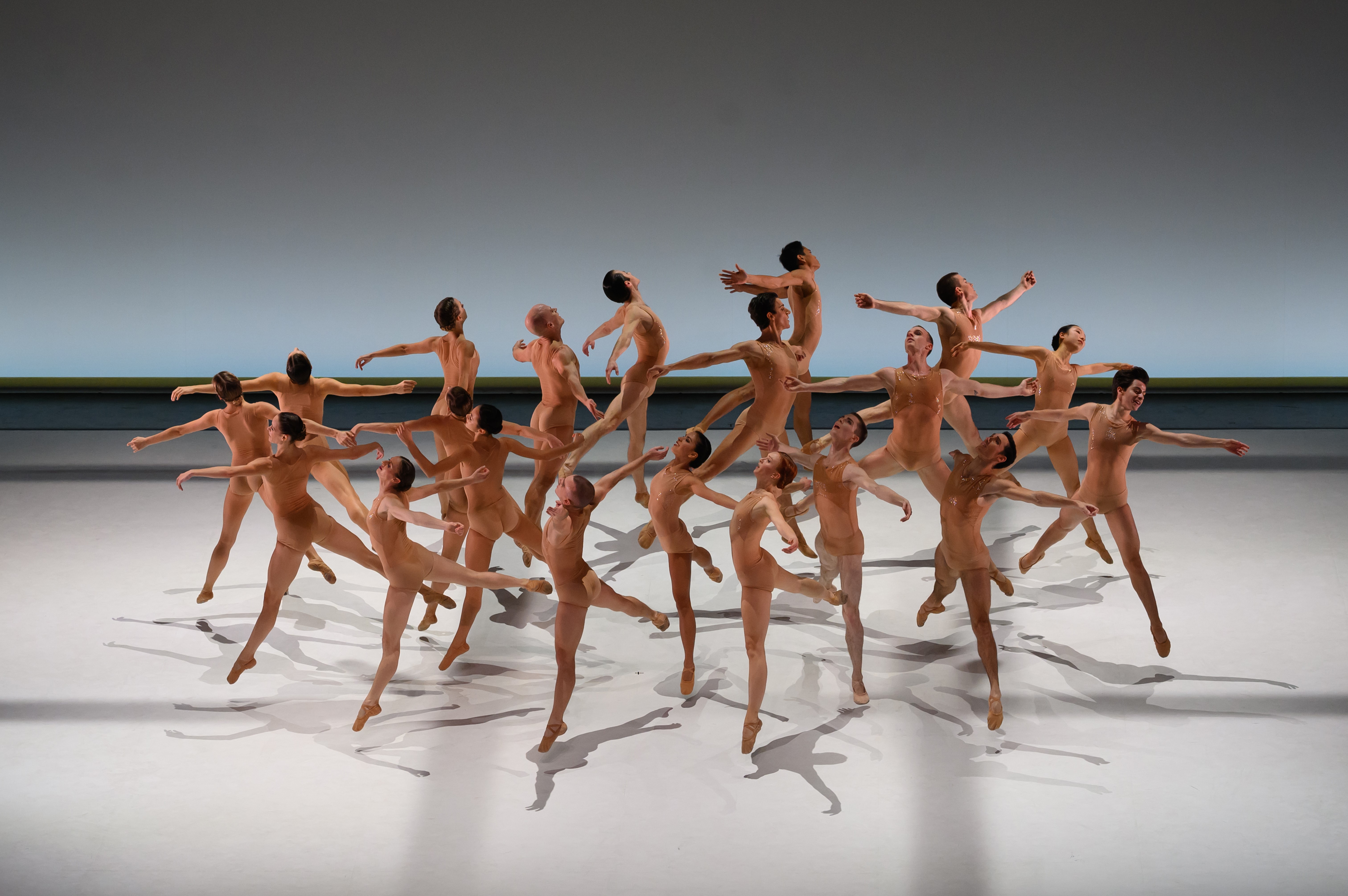 20 danseurs et danseuses sont sur scène. Ils portent tous des juste au corps couleurs chaire. Ils forment une ronde. Ils ont tous les bras écartés et la jambe droite tendue en arrière. 
