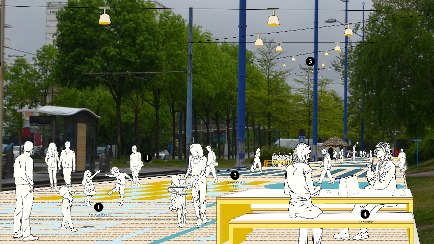 Dans le cadre du renouvellement urbain, projection de ce que sera la contre-allée de l'avenue des États-Généraux après les travaux. Nous voyons une avenue piétonisée, des bancs et tables.
