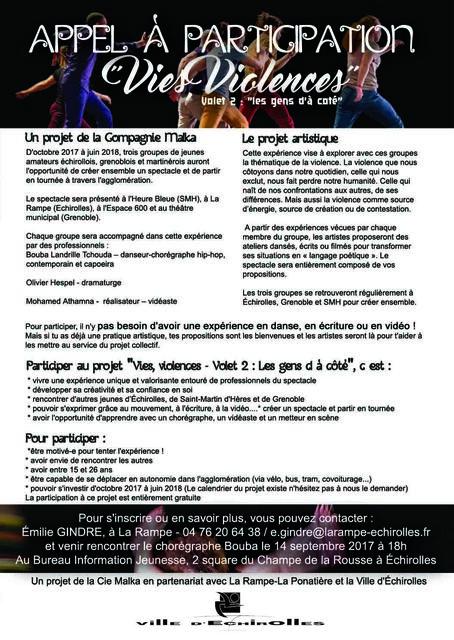 Appel à participation Appel à participation au projet "Vies Violences" de la Compagnie Malka
