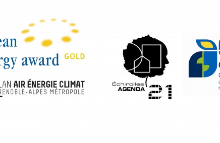 Visuel des 4 logos AGENDA 21, CONVENTION DES MAIRES POUR LE CLIMAT ET L’ÉNERGIE, PLAN AIR ÉNERGIE CLIMAT DE GRENOBLE ALPES MÉTROPOLE, LABELLISATION CIT'ERGIE gold
