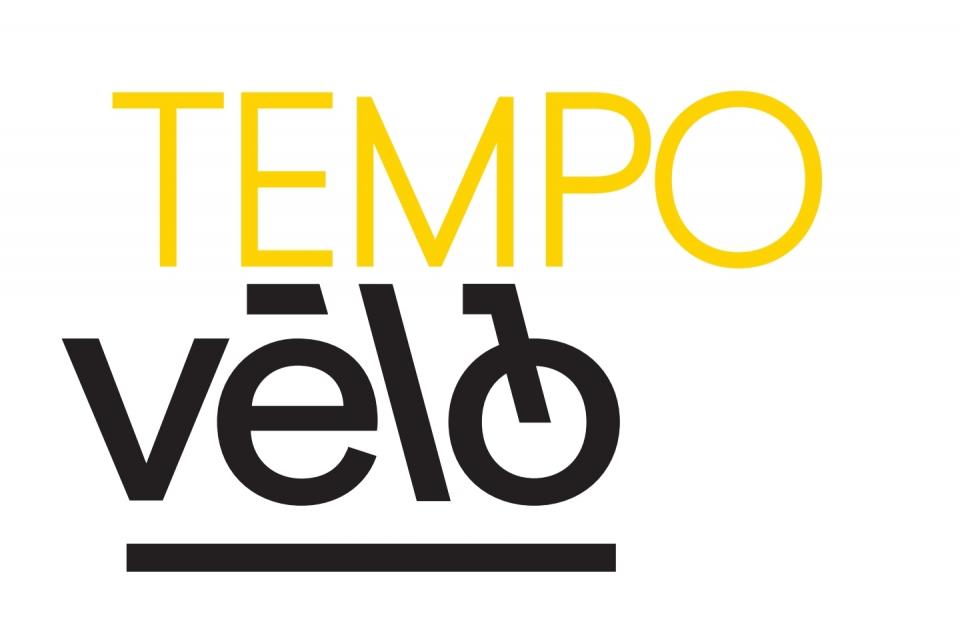Logo Tempo vélo. Tempo est écrit en jaune, vélo en noire. Le mot vélo a la forme d'un vélo
