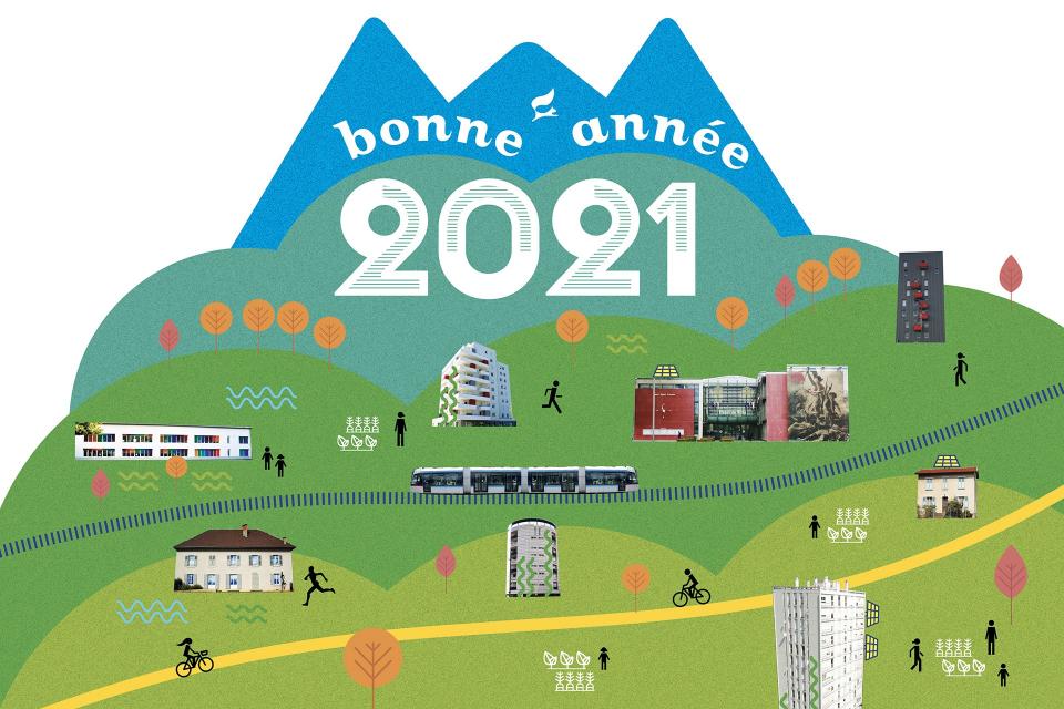 Visuel de la carte de voeux 2021  de la Ville d'Echirolles. Sont représentées des montagnes, le tram, une ligne de vélos, des immeubles...symboles de différents projets sur la commune.