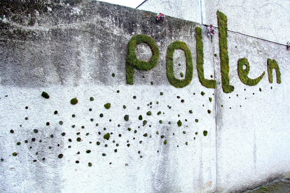 Le nom du bâtiment "Pollen" est écrit sur le mur d'entrée.