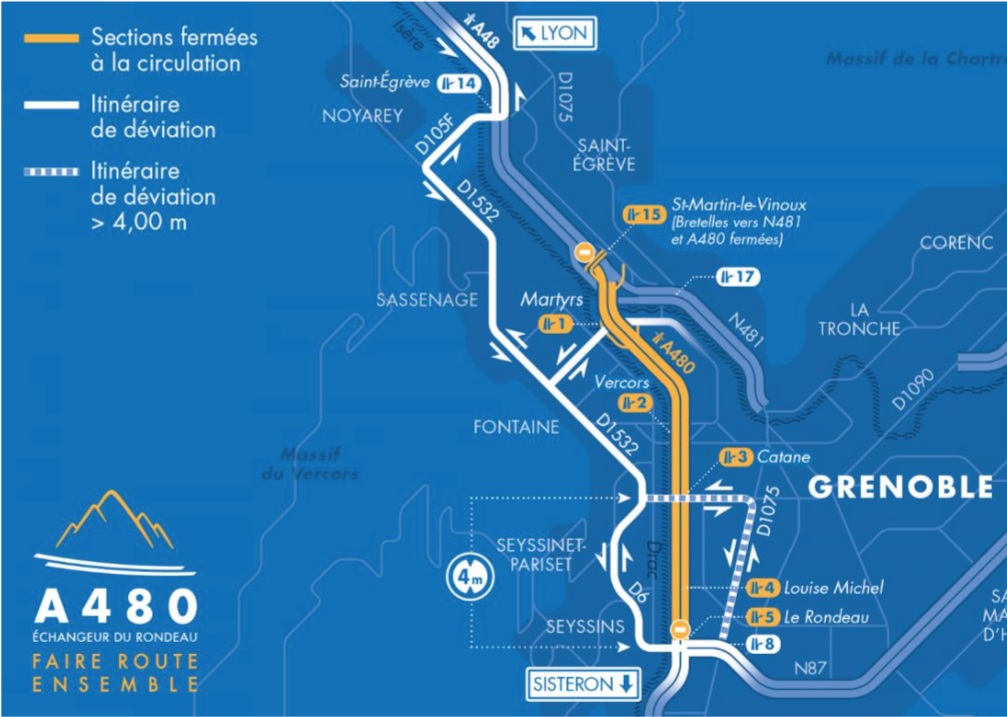 Plan des fermetures de l'A480 entre les sorties du Rondeau et de Saint-Égrève du 26 au 29 octobre 2020.