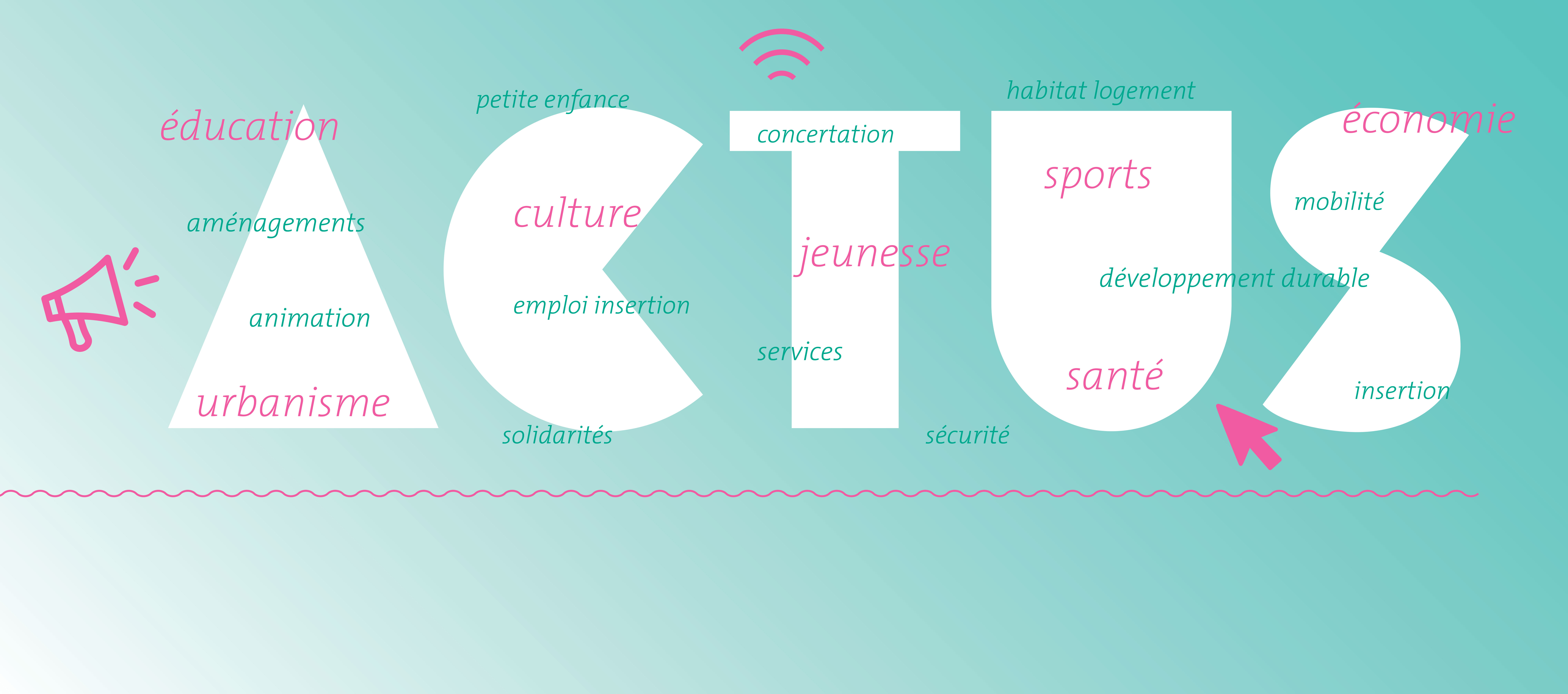 Visuel indiquant "Actus" en lettres blanches. D'autres mots  présentent les différentes thématiques actualités de la ville : santé, économie. Une flèche et un mégaphone apparaissent comme pictos