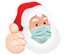 Soutenons nos commerçants Un père noël portant un masque fais un signe avec le pouce vers le haut.