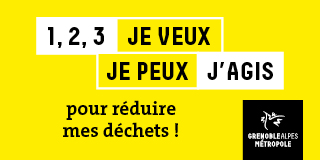 Campagne de réduction des déchets de la Métropole Campagne de réduction des déchets de la Métropole. Sur un fond jaune il est écrit "1,2,3, je veux, je peux, j'agis pour réduire mes déchets"