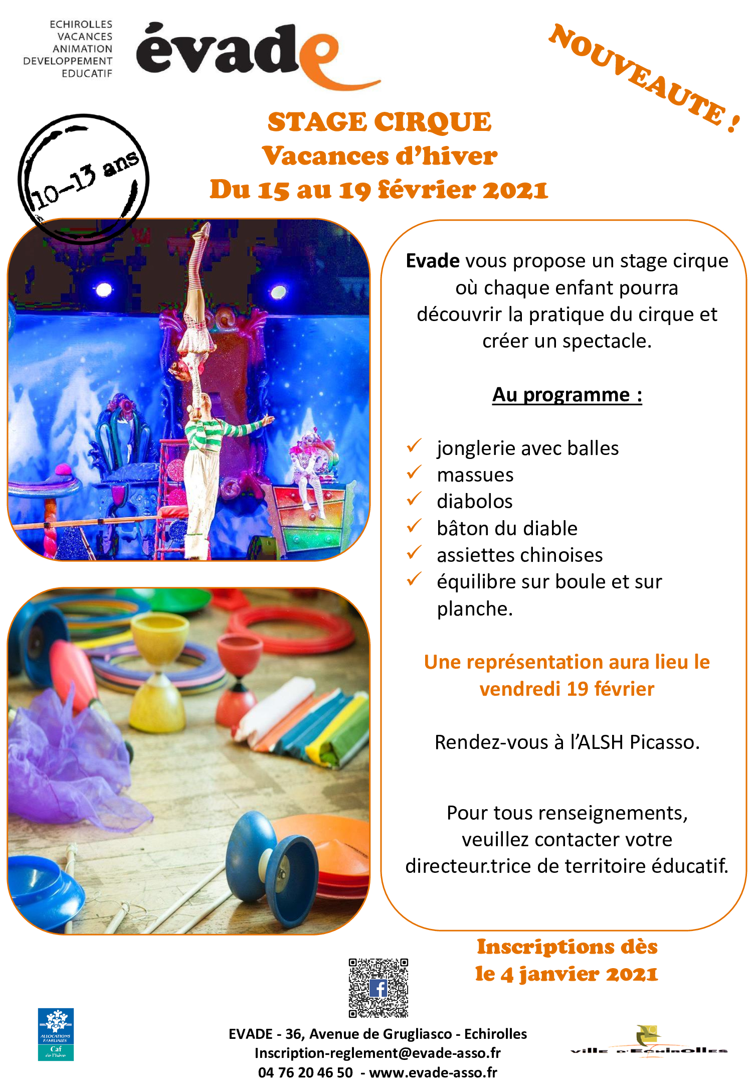 Affiche EVADE pour les vacances d'hiver 2021. Celle-ci présente le stage de cirque proposé, les dates, le programme et les modalités d'inscription.