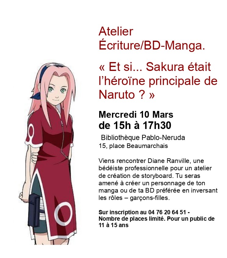 "Et si... Sakura était l’héroïne principale de Naruto ?" Flyer annonçant un atelier d'écriture