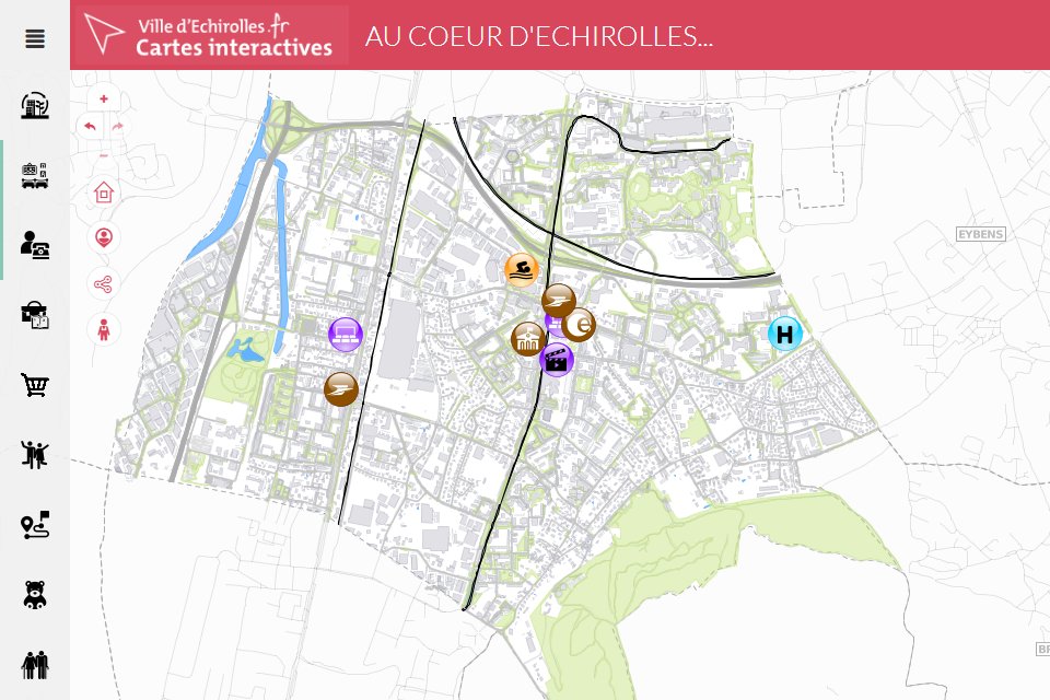 Capture du plan interactif de la ville. Nous voyons une carte de la ville avec plusieurs pictos de couleurs différentes symbolisant différents lieux sur la commune. Sur le côté gauche se trouve le menus permettant de circuler dans la carte. En haut de la carte se trouve le titre, écrit en blanc dans un bandeau rose "Au coeur d'Échirolles".