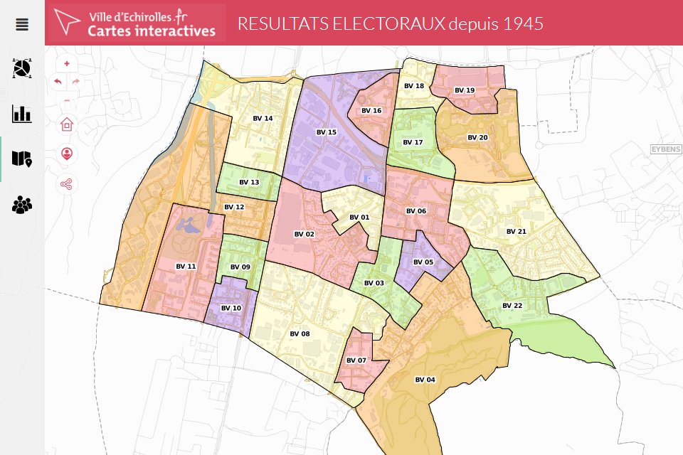 Capture de la carte interactive des résultats électoraux depuis 1945. Nous voyons une carte de la ville avec plusieurs découpages en fonction de la répartition territoire/bureaux de vote. Sur le côté gauche se trouve le menus permettant de circuler dans la carte. En haut de la carte se trouve le titre, écrit en blanc dans un bandeau rose "résultats électoraux depuis 1945".