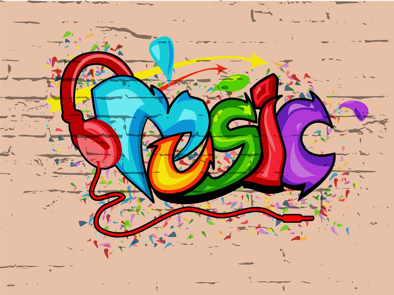 Le mot "Music" est écrit façon crobar avec de nombreuses couleurs. Le "M" de Music a un casque dessiné sur ses extrémités.