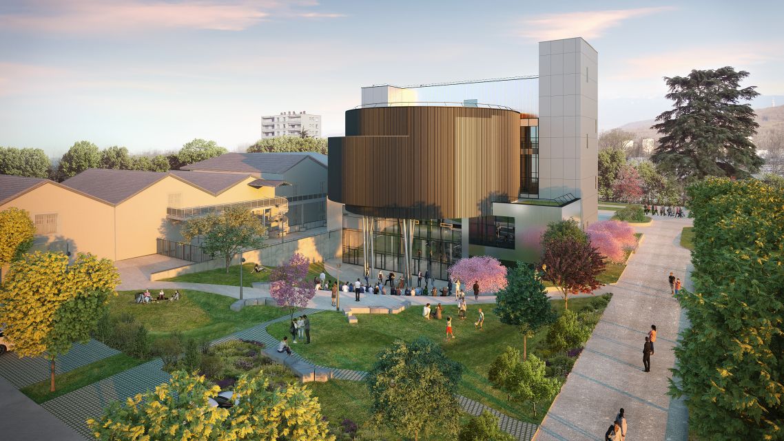 Le Centre de sciences vu de l'arrière Photo / simulation de ce que sera le futur bâtiment du centre de sciences. A l'arrière du bâtiment il y aura un jardin végétalisé accessible à tous.