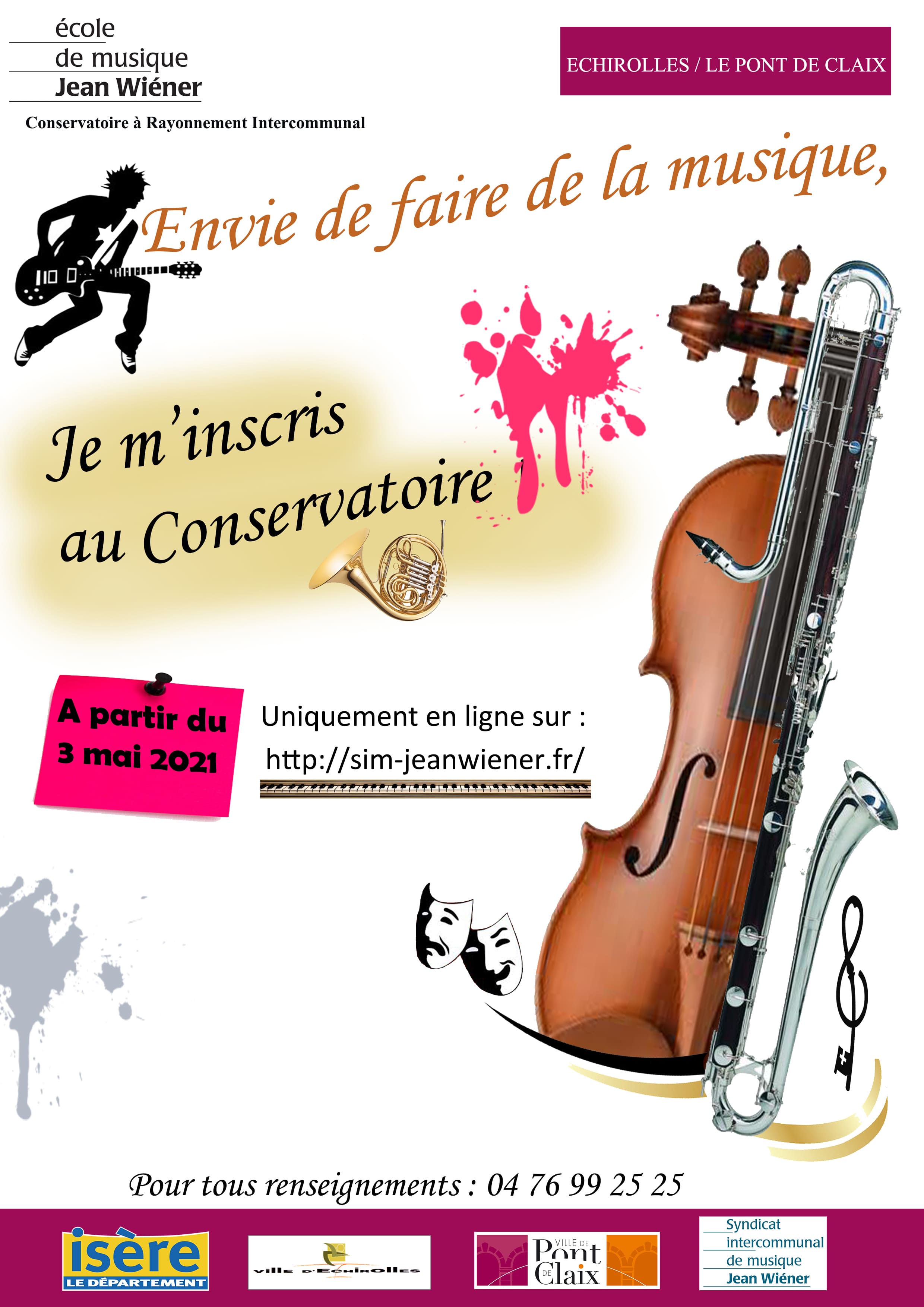 Affiche expliquant comment s'inscrire au conservatoire de musique pour 2021-2022. A partir du 3 mai 2021 uniquement en ligne sur http://sim-jeanwiener.fr