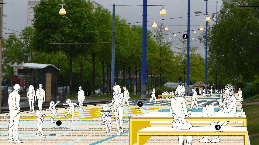 Projection de la contre-allée de l'avenue des États-Généraux. Dans le cadre du renouvellement urbain, projection de ce que sera la contre-allée de l'avenue des États-Généraux après les travaux. Nous voyons une avenue piétonisée, des bancs et tables.