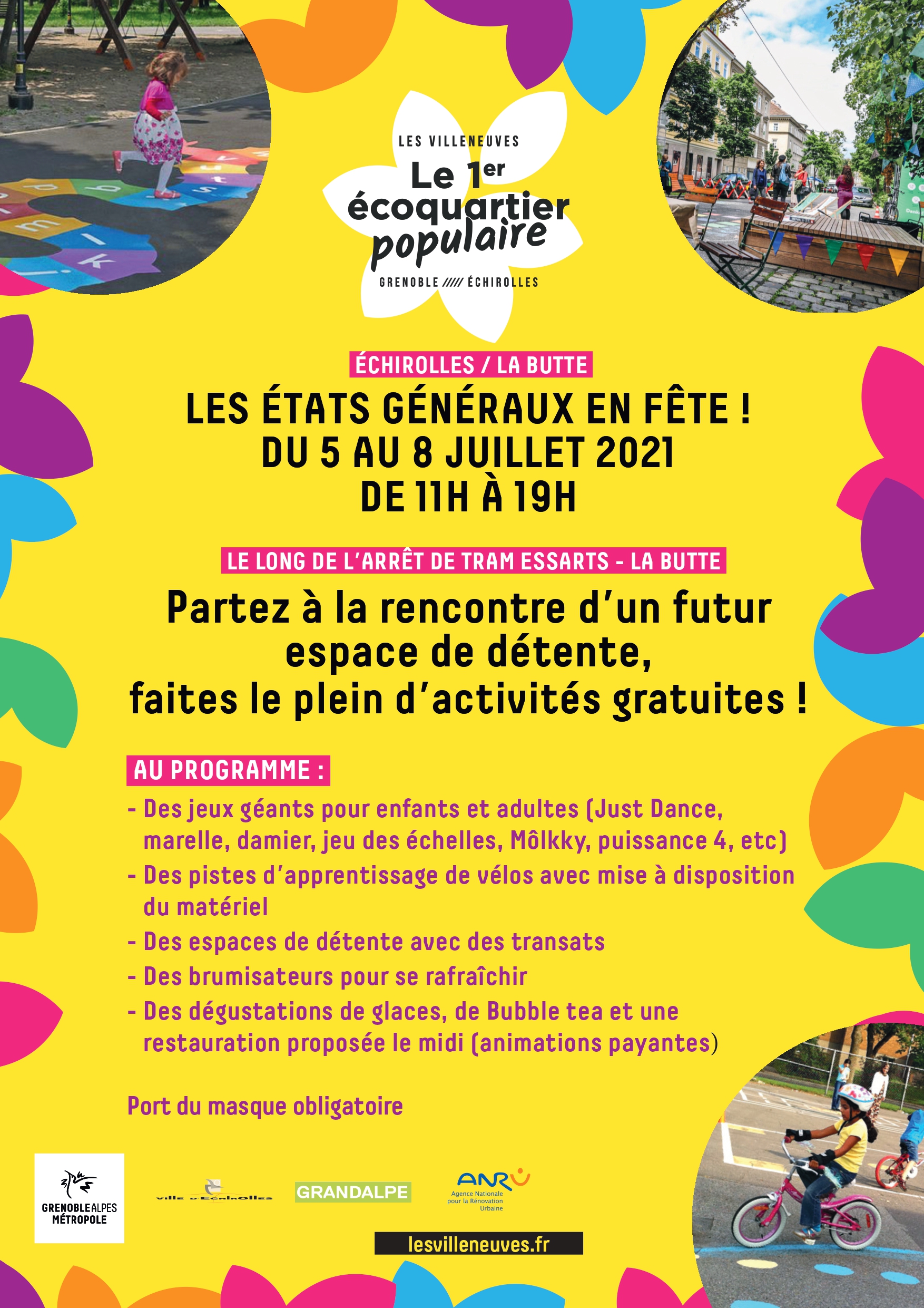 Affiche Les Etats-Généraux en fête ! du 5 au 8 juillet 2021 de 11h à 19h. Le long de l'arrêt de tram essarts la butte. Partez à la renconte d'un futur espace de détente, faites le plein d'activités gratuites.