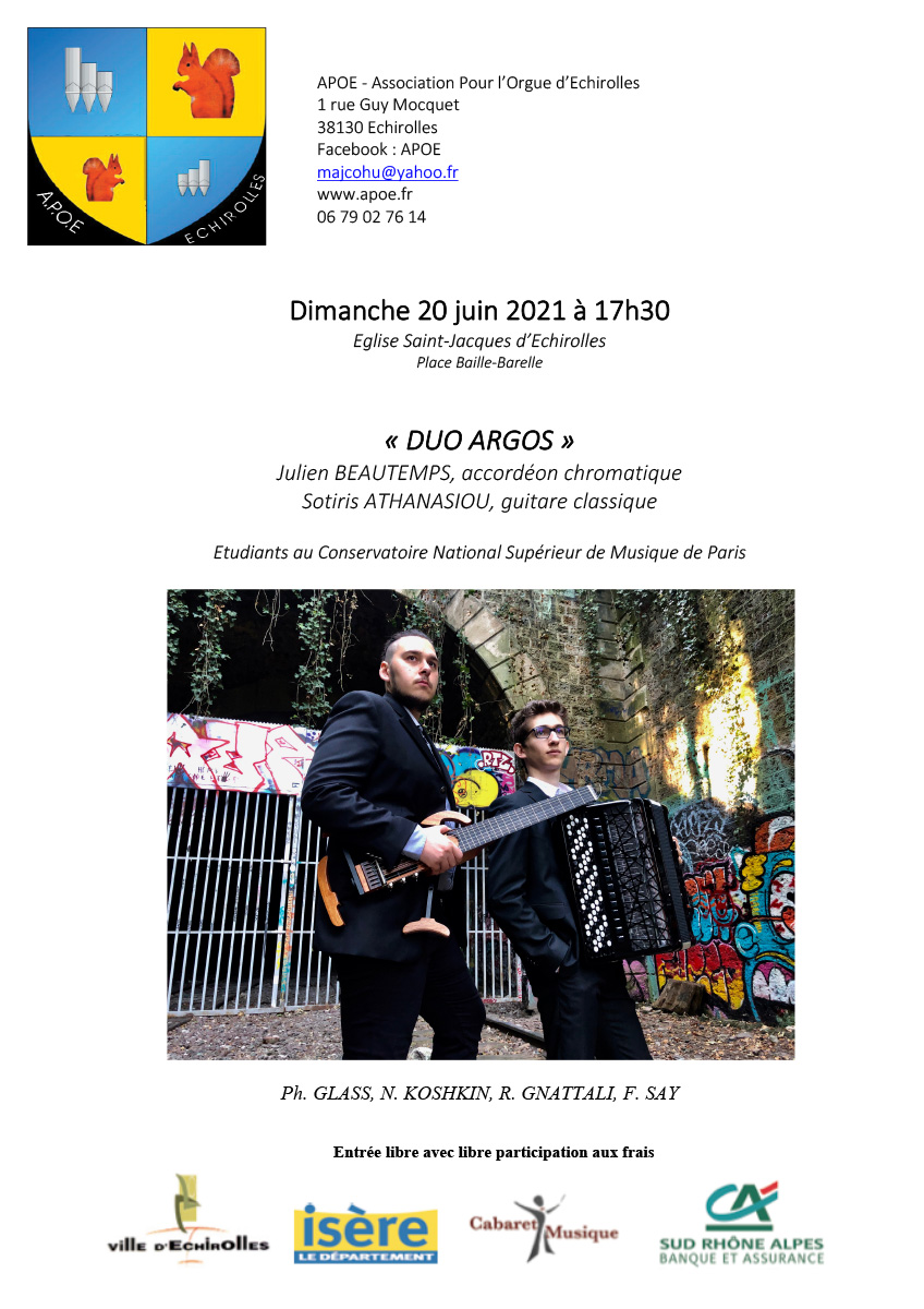 Affiche du concert "Duo Argos" Affiche du concert "Duo Argos" le 20 juin 2021 à 17h30 à l'Eglise saint-Jacques à Echirolles.