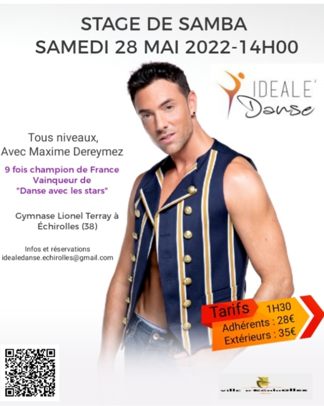 Venez participer au stage de samba avec Maxime Dereymez ! Flyer du Stage de samba par Ideale'Danse