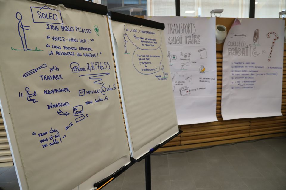 Forum permanent seniors : Un nouvel espace d'échanges pour les seniors Les attentes, besins, difficultés... des seniors en terme de déplacements ont été traduits ous forme de "dessins", et feront l'objet d'un compte-rendu pour avancer.