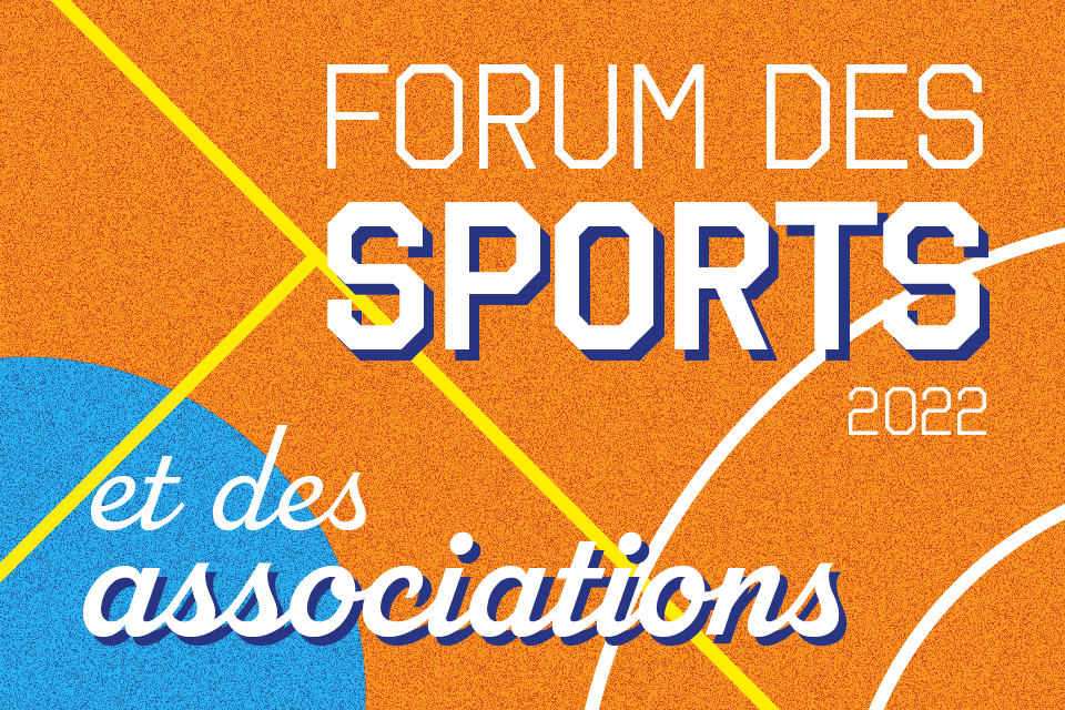 Fond orange avec motifs "terrain de sport" et texte "Forum des Sports"