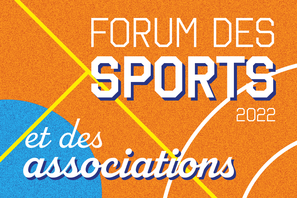Forum des sports et associations 2022 Fond orange avec motifs "terrain de sport" et texte "Forum des Sports"