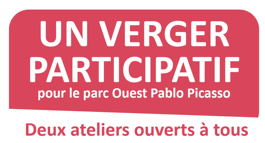 Image agenda où il est marqué le titre de l'événement en texte blanc sur fond rouge : "Un verger participatif pour le parc Ouest Pablo Picasso"