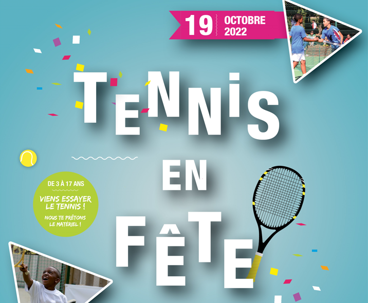 Illustration sur fond bleu avec des photos de personnes jouant au tennis et un pictogramme de raquette