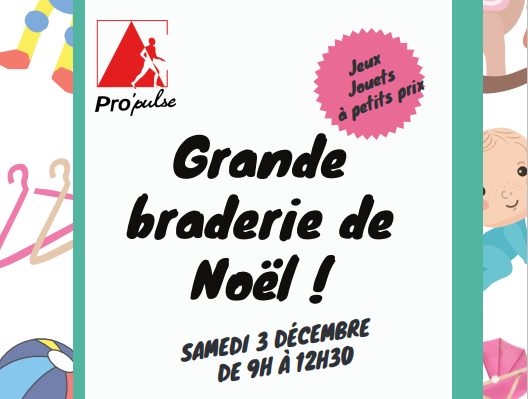 Grande braderie de Noel : image d'illustration de l'événement avec des pictogrammes représentant des jouets, des vêtements, etc.