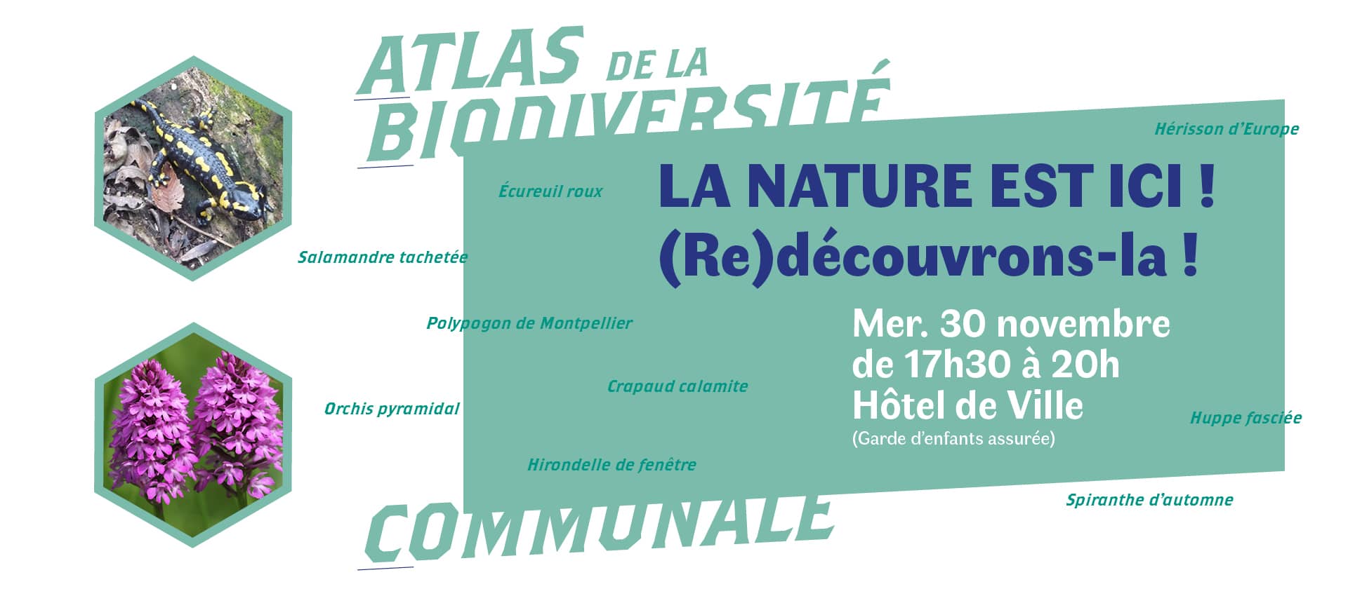 Slider pour la réunion publique sur l'Atlas de la Biodiversité Communale avec la dat, l'heure et le lieu de la réunion