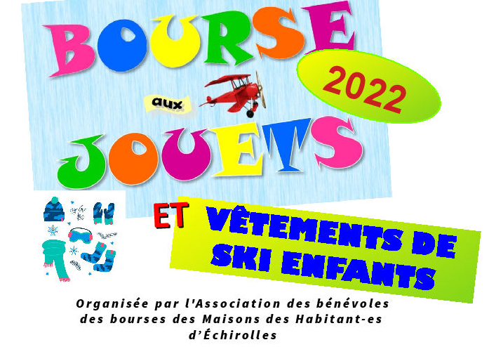 Affiche de la bourse aux jouets et vêtements de ski enfants avec des lettres de couleurs et des petits pictogrammes représentant des vêtements