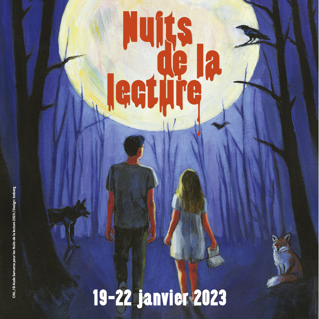 Image officielle des Nuits de la lecture 2023 : deux personnages dans une forêt la nuit, lors d'une pleine lune