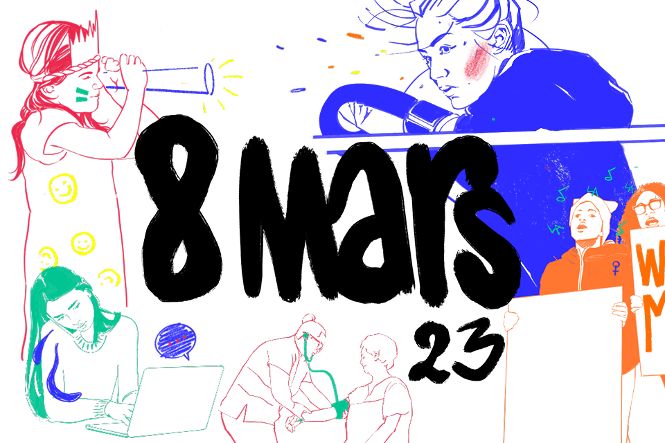 Visuel de la journée du 8 mars 2023 : dessins colorés de femmes en action