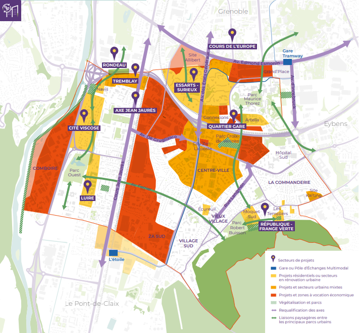 Carte d'Echirolles avec les projets à venir pour 2035