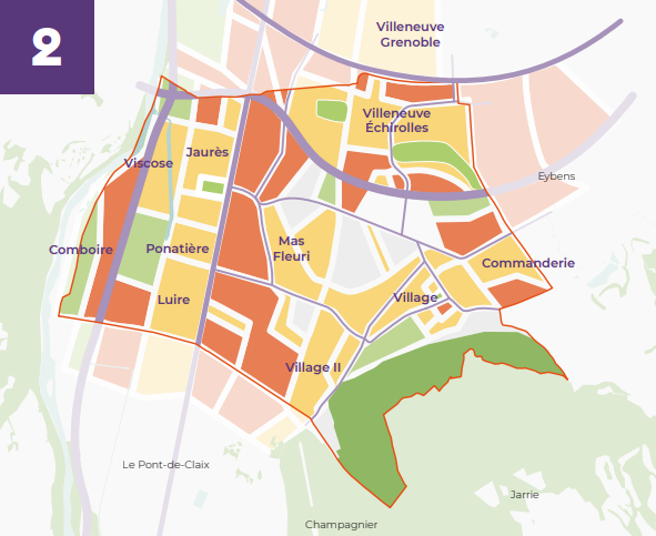 Carte de l'urbanisation d'Échirolles entre 1950 et 1990