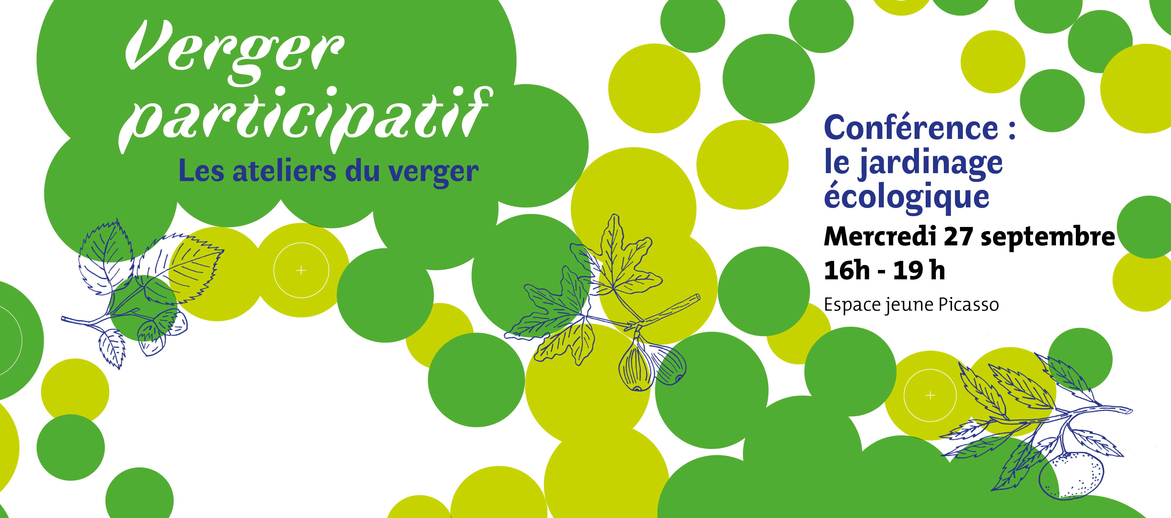 Slider d'illustration pour la conférence, avec des ronds verts et des branches d'arbres fruitiers