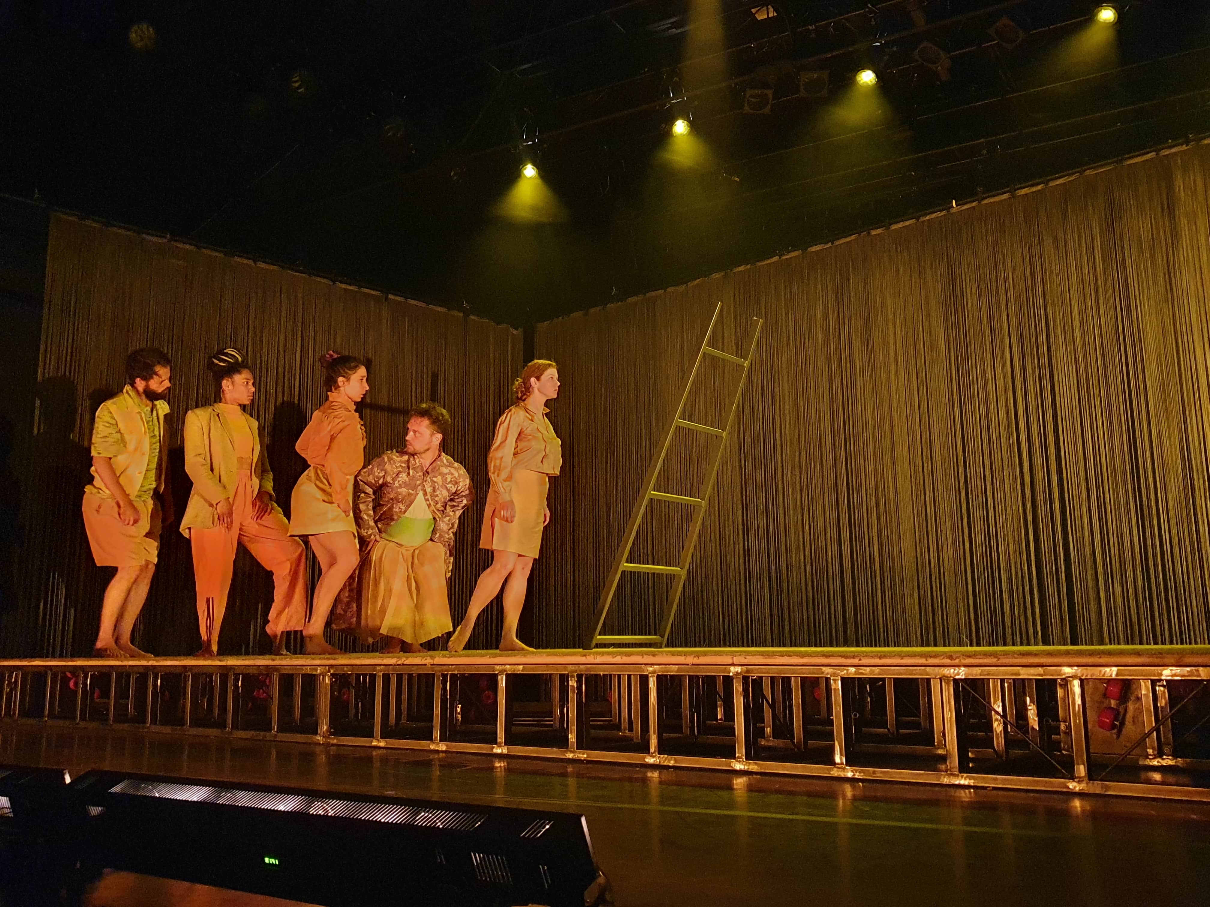 Sur scène les cinq danseurs se livrent à d'étonnantes envolées artistiques. Sur scène les cinq danseurs se livrent à d'étonnantes envolées artistiques.