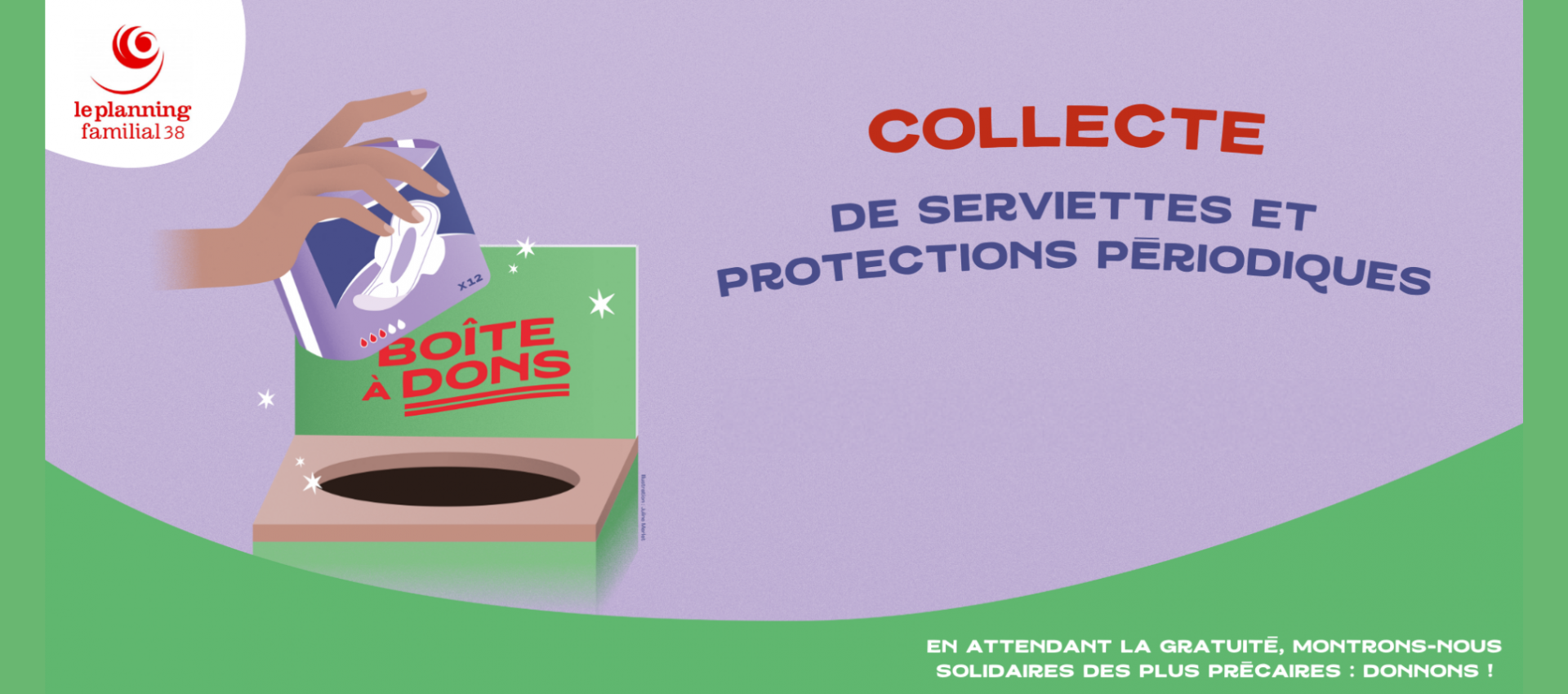 Visuel de la collecte avec une main déposant un paquet de serviettes dans une urne