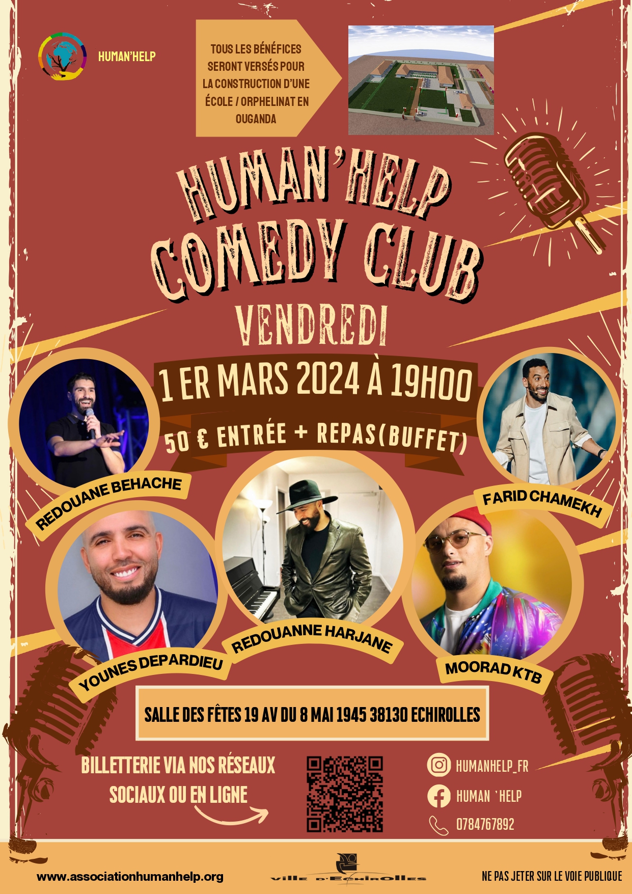 Human'Help Comedy Club en 2024 ! Affiche de l'événement avec les humoristes participants