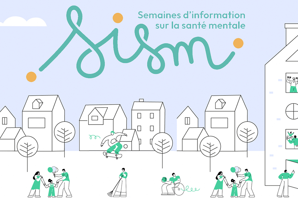 Semaines d'informations pour la santé mentale Illustration avec des habitants en activité avec une ville en fond