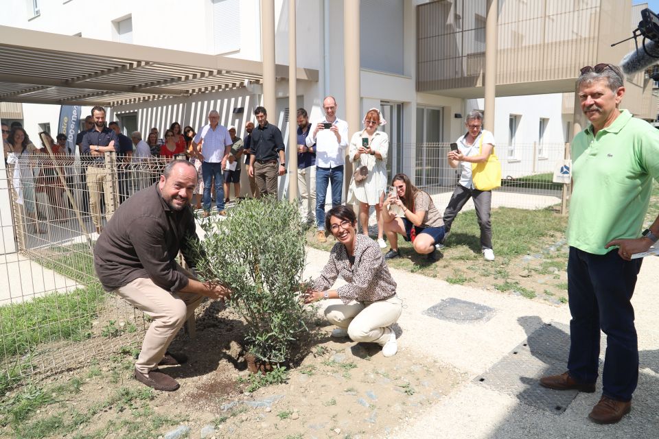 Clos Gaïa : Le retour à la terre Raphaël Taillot, directeur général d'Isère Habitat, et la maire Amandine Demore ont planté un olivier à l'occasion de l'inauguration de Clos Gaïa, sous les yeux de Daniel Bessiron, adjoint aux transitions, à l'environnement durable et aux éco-quartiers.