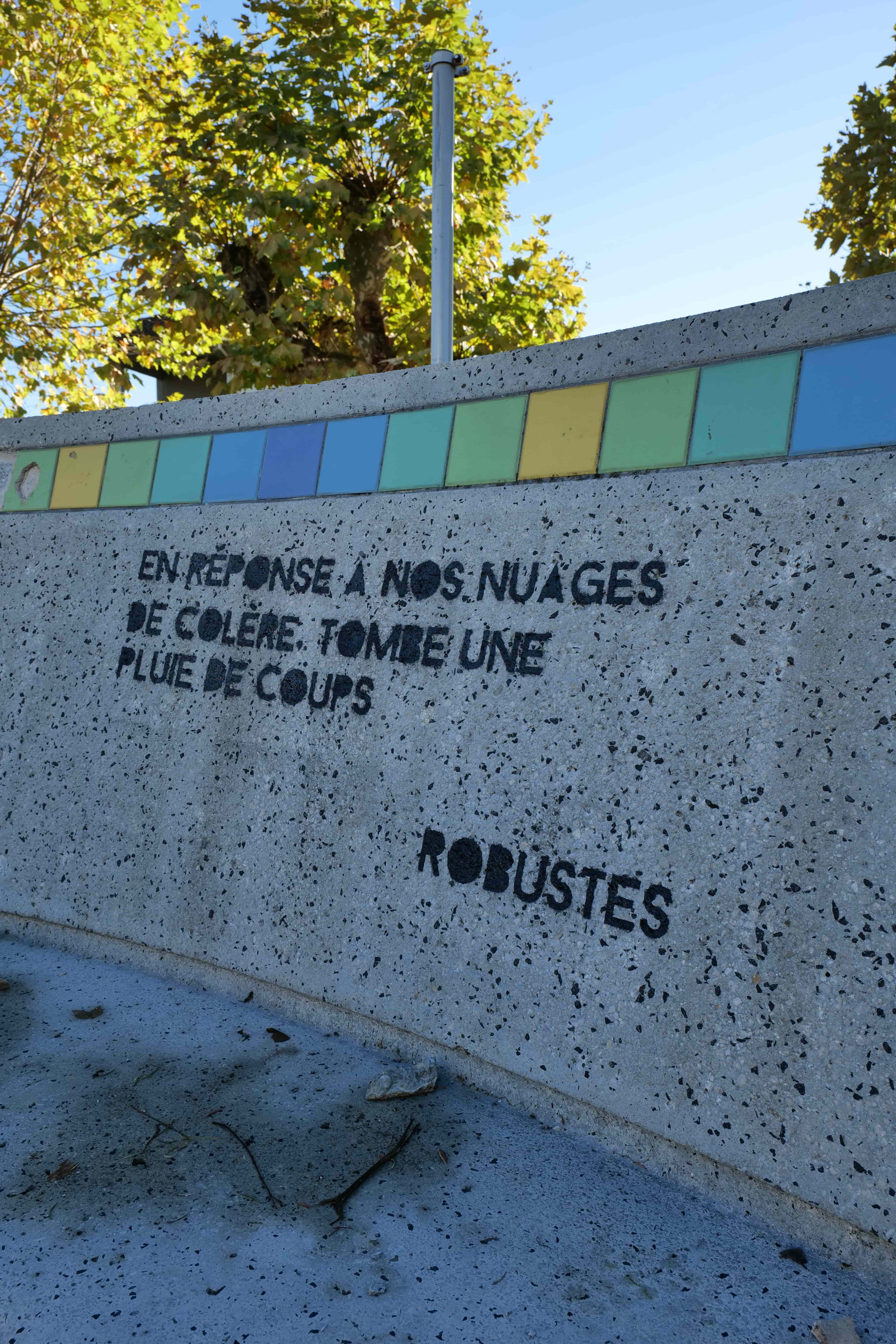 Petite Poissone donnait un coup de main aux artistes d'un jour pour bomber leurs phrases sur le banc.