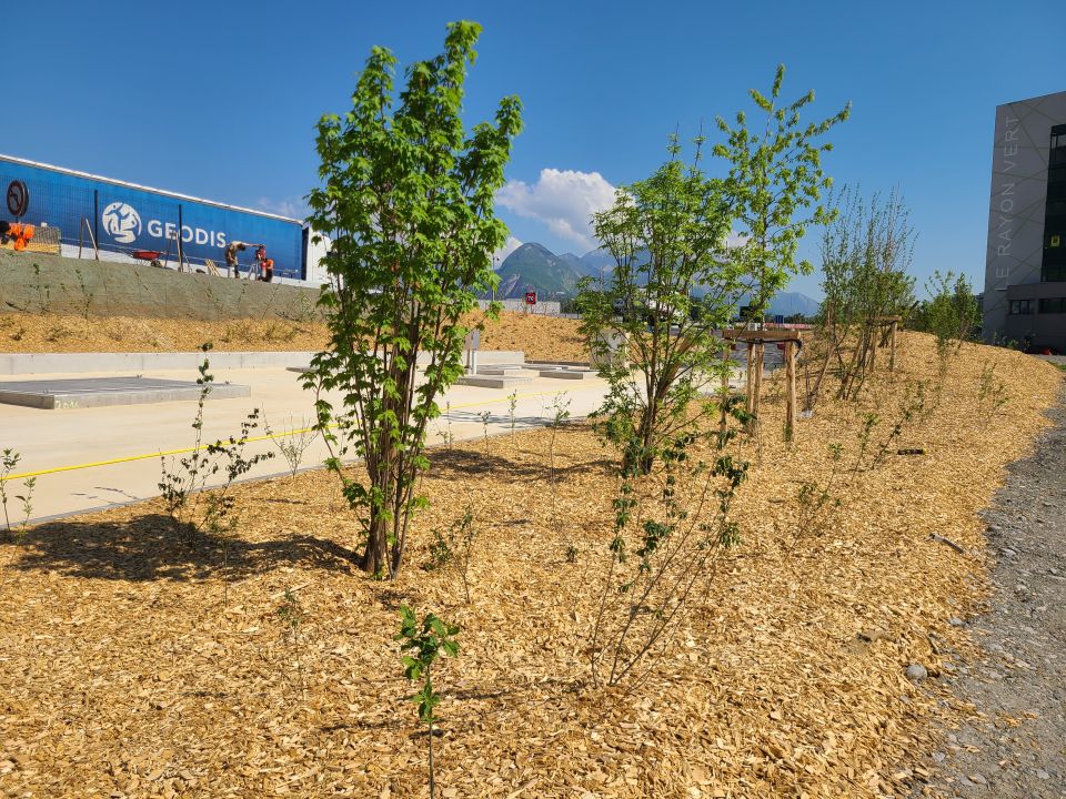 Des zones tampons, spécialement aménagées, permettent de préserver la zone d'habitation de Navis, de la Rocade, tout en apportant un confort climatique l'été.