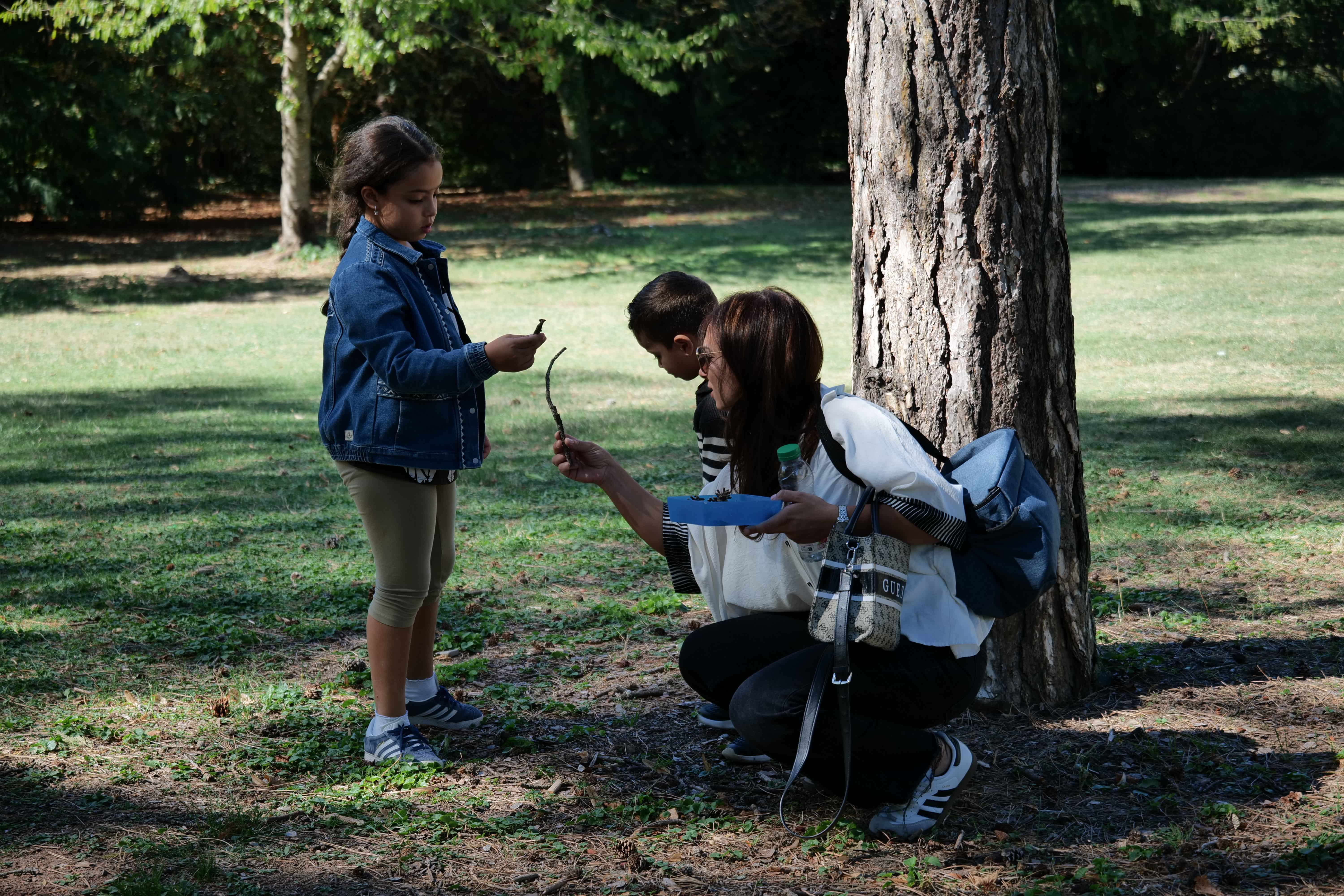 Les participants à l'atelier récupéraient des objets naturels dans le parc pour fabriquer leur mini musée idéal ensuite.