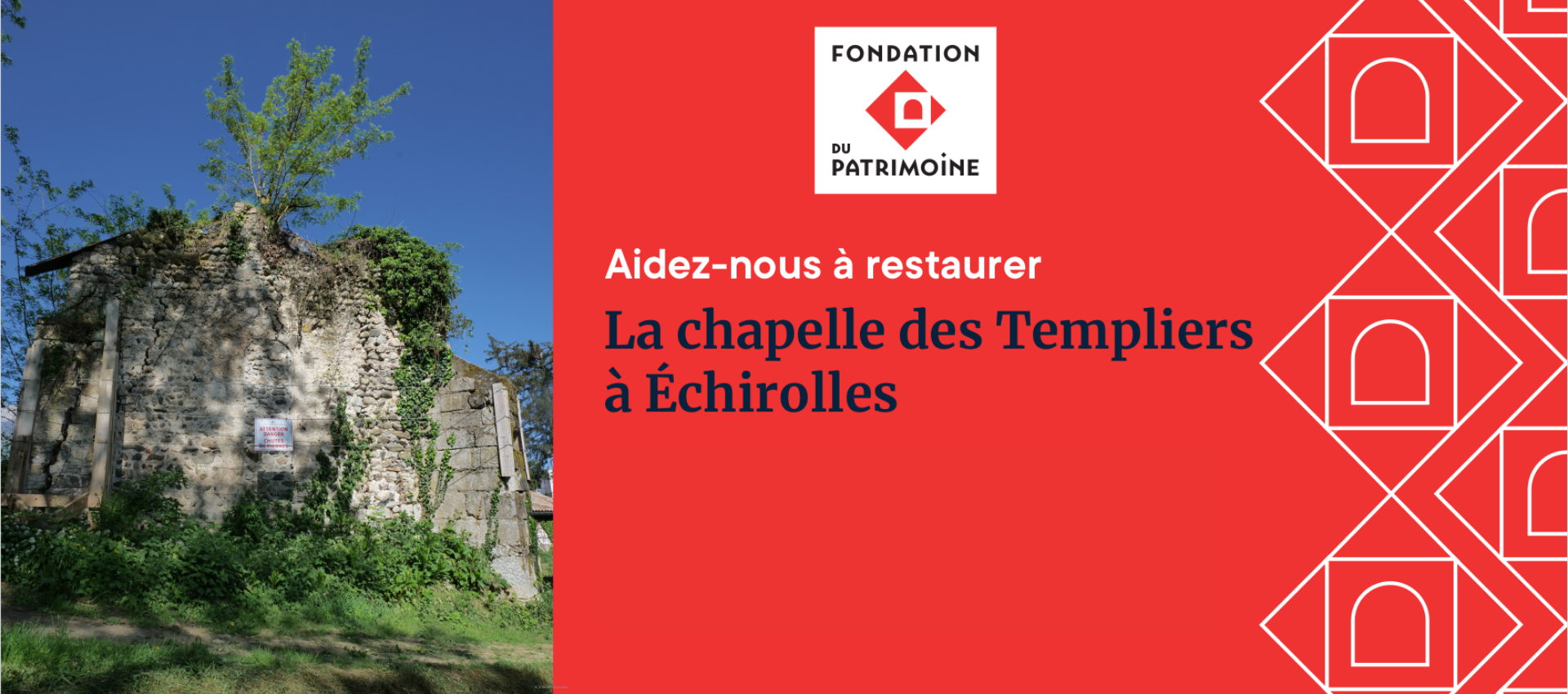 Photo de la chapelle à rénover et logo de la Fondation du patrimoine