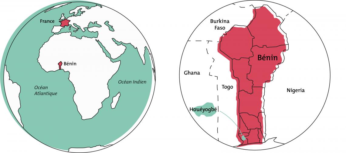 Mappemondes permettant la localisation de la France, du Bénin, et de Houéyogbé
