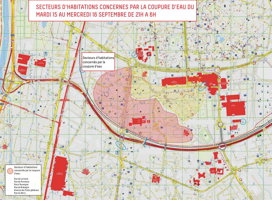 carte des secteurs concernés par la coupure d'eau sur echirolles le 15 septembre 2020