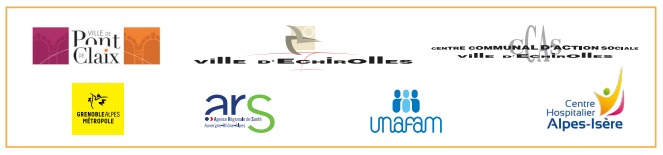 Logos des partenaires de la Semaine d'Information sur la Santé Mentale : Pont-de-Claix, Echirolles (ville et CCAS), Grenoble alpes Métropole, Agence Régionale de santé, UNAFAM, centre hospitalier Alpes-Isère