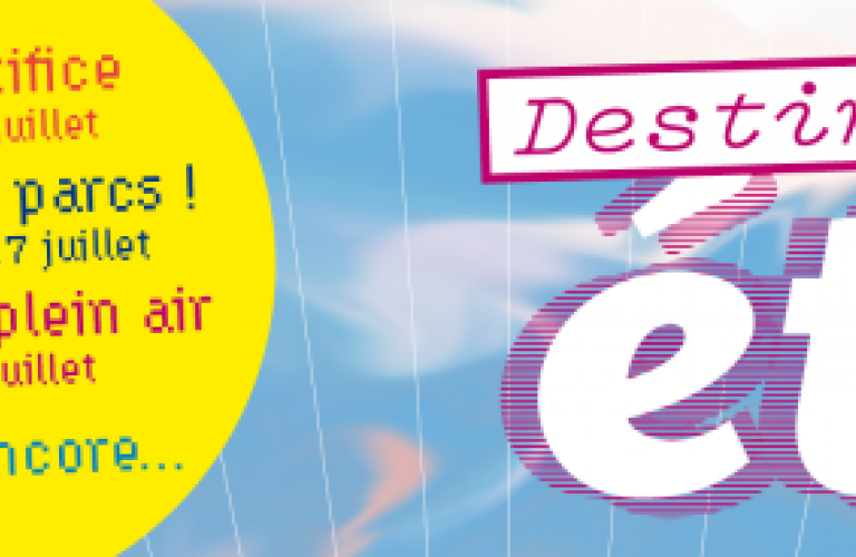 Illustration Destination Été 2022 (ciel bleu avec nuage rose et logo)