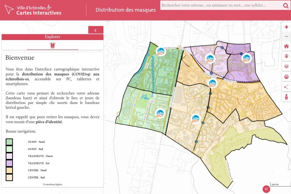 Carte de la commune d'Echirolles permettant d'identifier et de localiser les lieux de distribution de masques pour la population