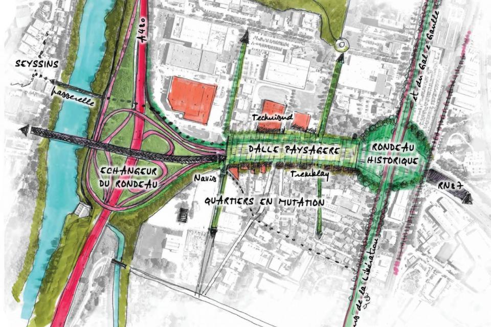L'aménagement global du nouveau Rondeau Carte qui présente le futur aménagement du Rondeau. On y distingue l'installation d'une dalle paysagère sur tout un espace de circulation.